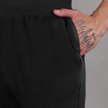 Ribbed Cotton Track Pant with Zip Pocket - Black (350 GSM - Heavy) - Image 4