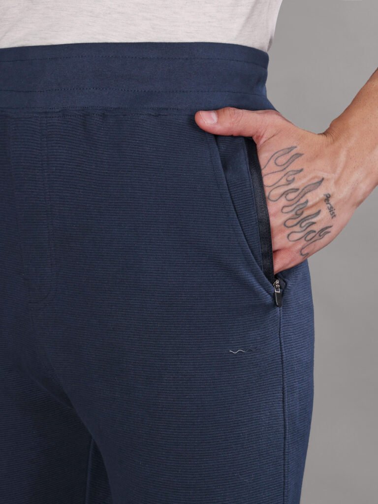 Ribbed Cotton Track Pant with Zip Pocket - Navy Blue (350 GSM - Heavy)