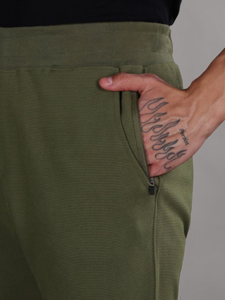 Ribbed Cotton Track Pant with Zip Pocket - Olive Green (350 GSM - Heavy)