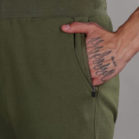 Ribbed Cotton Track Pant with Zip Pocket - Olive Green (350 GSM - Heavy) - Image 3