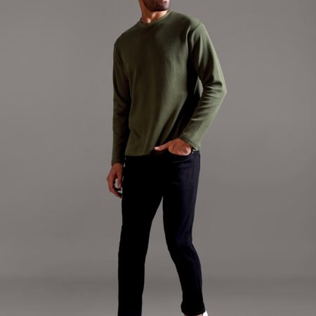 Waffle Textured Crew Neck Full Sleeve - Olive Green - Image 6