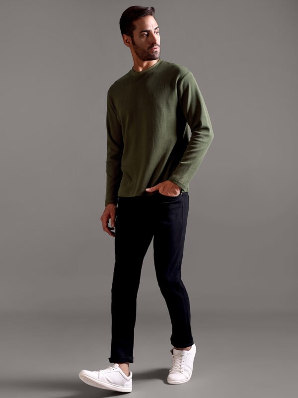 Waffle Textured Crew Neck Full Sleeve - Olive Green