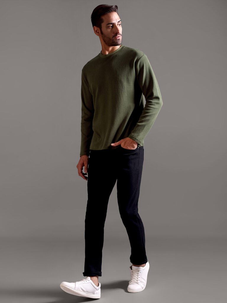 Waffle Textured Crew Neck Full Sleeve - Olive Green