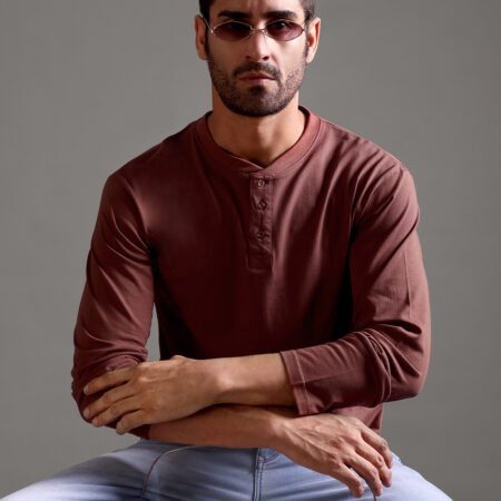 100% Pure Supima Cotton Henley Full Sleeve - Rust (Deep Maroon) - Image 6