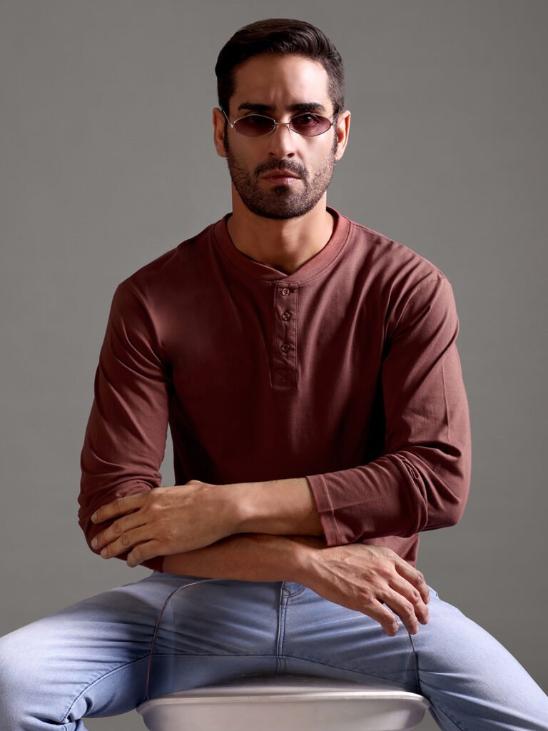 100% Pure Supima Cotton Henley Full Sleeve - Rust (Deep Maroon)