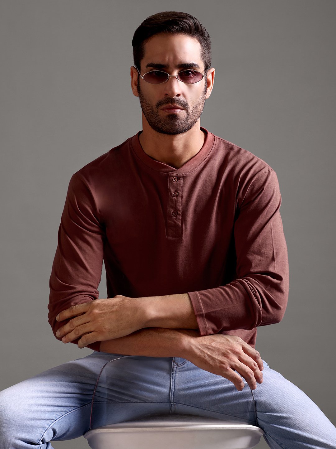 100% Pure Supima Cotton Henley Full Sleeve - Rust (Deep Maroon) - Image 6