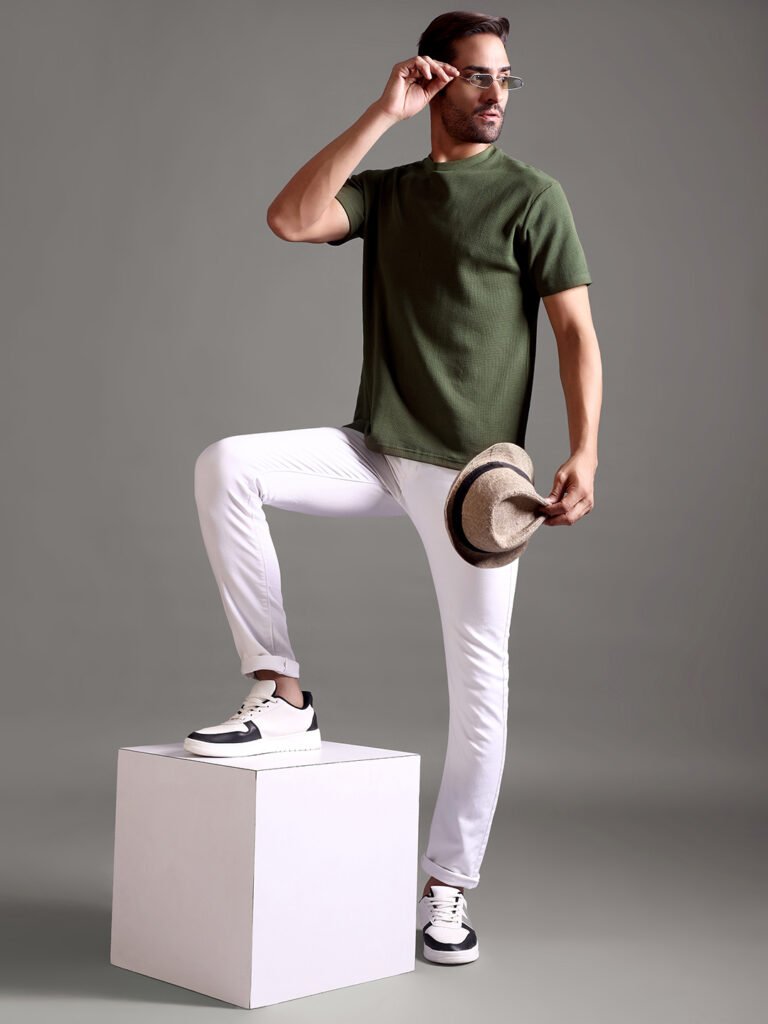 Waffle Textured Crew Neck - Olive Green