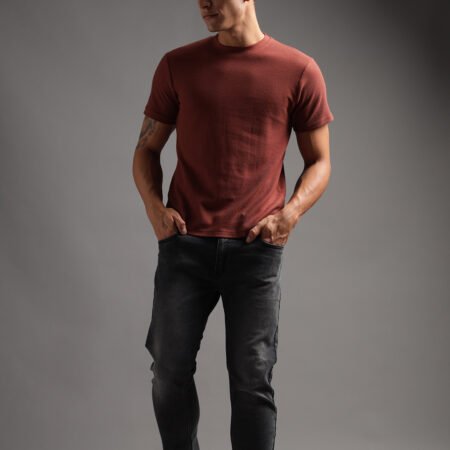 Honeycomb Waffle Textured Crew Neck - Rust (Deep Maroon) - Image 7