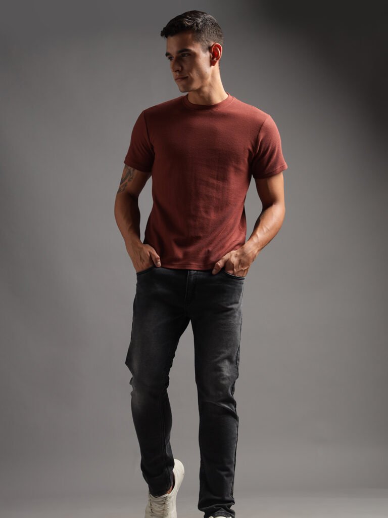 Honeycomb Waffle Textured Crew Neck - Rust (Deep Maroon)