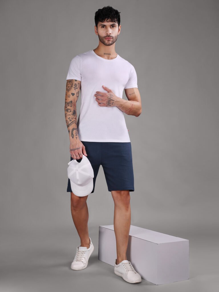 Ribbed Cotton Shorts with Zip Pocket - Navy Blue (350 GSM - Heavy)