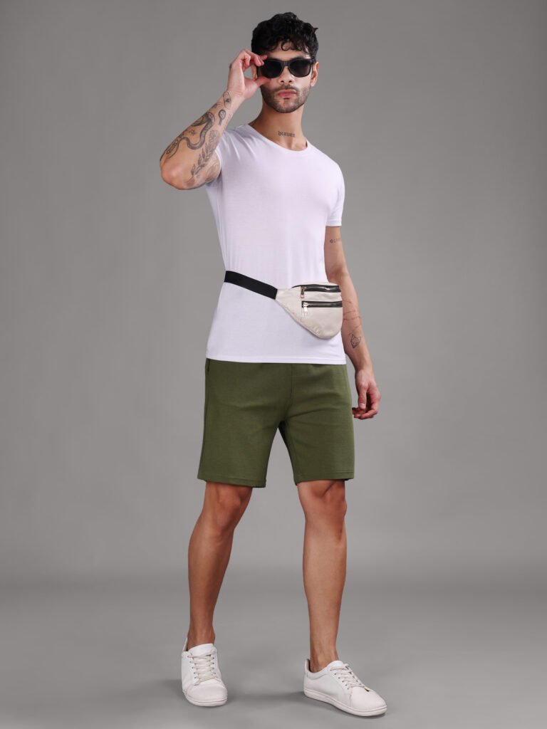Ribbed Cotton Shorts with Zip Pocket - Olive Green (350 GSM - Heavy)