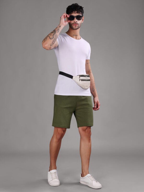 Ribbed Cotton Shorts with Zip Pocket - Olive Green (350 GSM - Heavy)