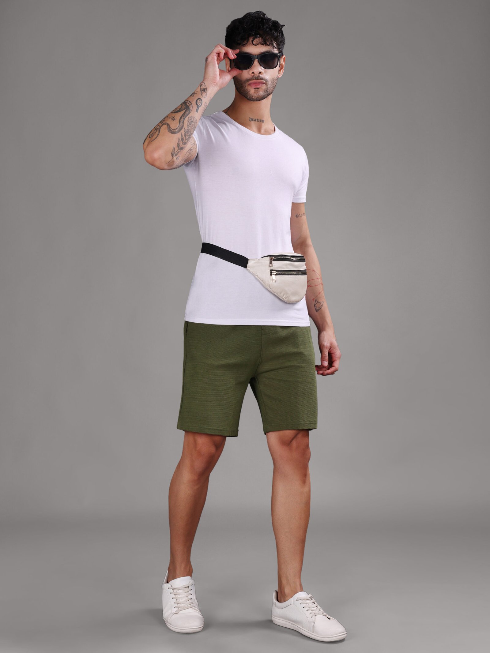 Ribbed Cotton Shorts with Zip Pocket - Olive Green (350 GSM - Heavy) - Image 5