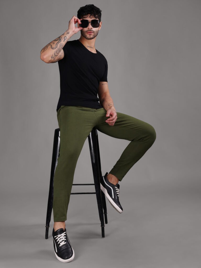Ribbed Cotton Track Pant with Zip Pocket - Olive Green (350 GSM - Heavy)