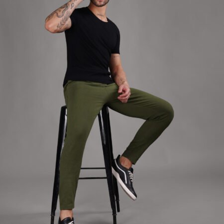 Ribbed Cotton Track Pant with Zip Pocket - Olive Green (350 GSM - Heavy) - Image 5