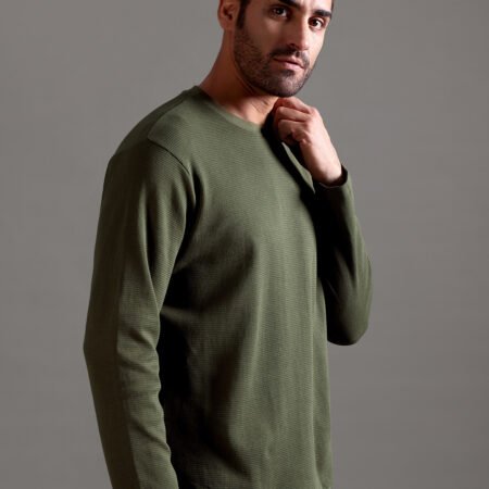 Waffle Textured Crew Neck Full Sleeve - Olive Green - Image 7