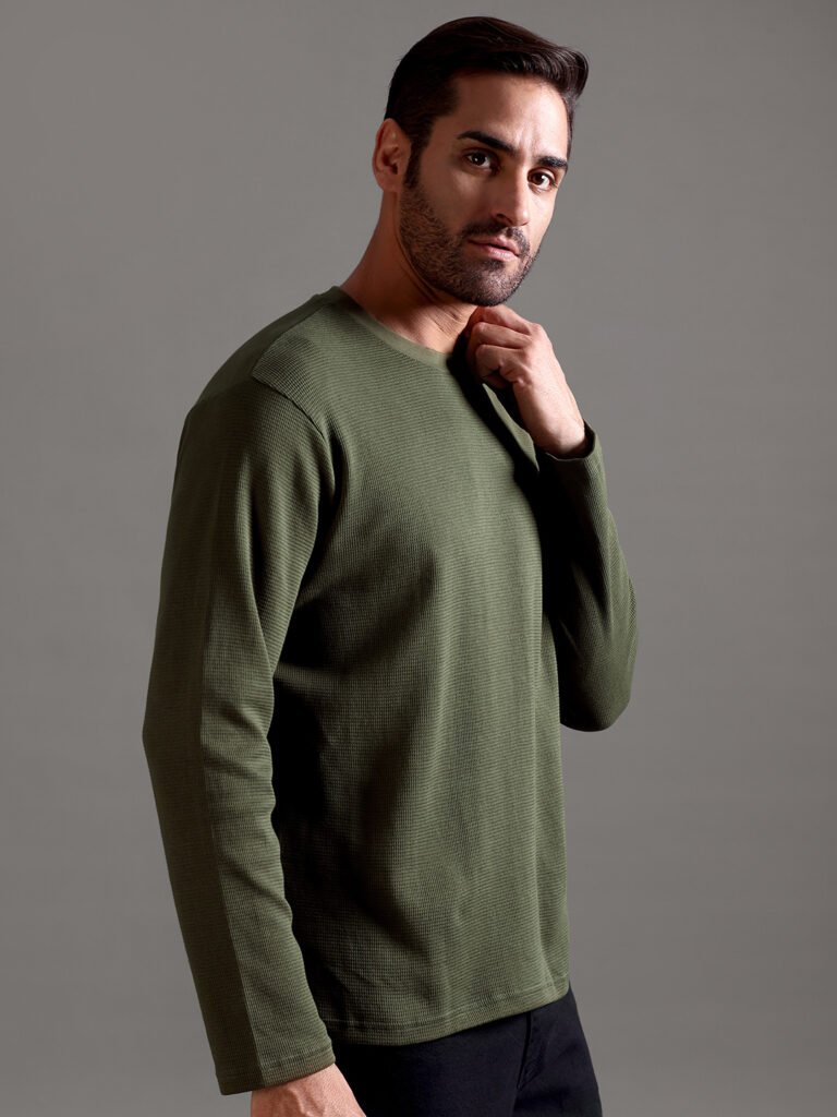 Waffle Textured Crew Neck Full Sleeve - Olive Green