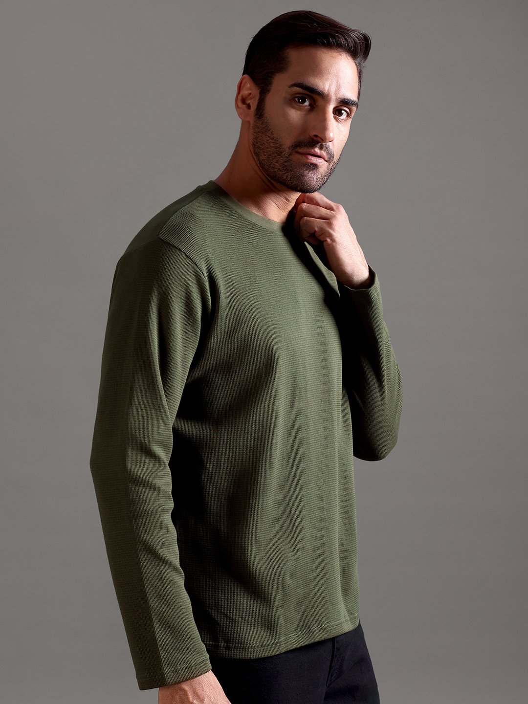 Waffle Textured Crew Neck Full Sleeve - Olive Green - Image 7