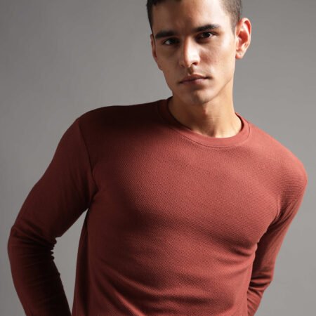 Honeycomb Waffle Textured Crew Neck Full Sleeve - Rust (Deep Maroon) - Image 7