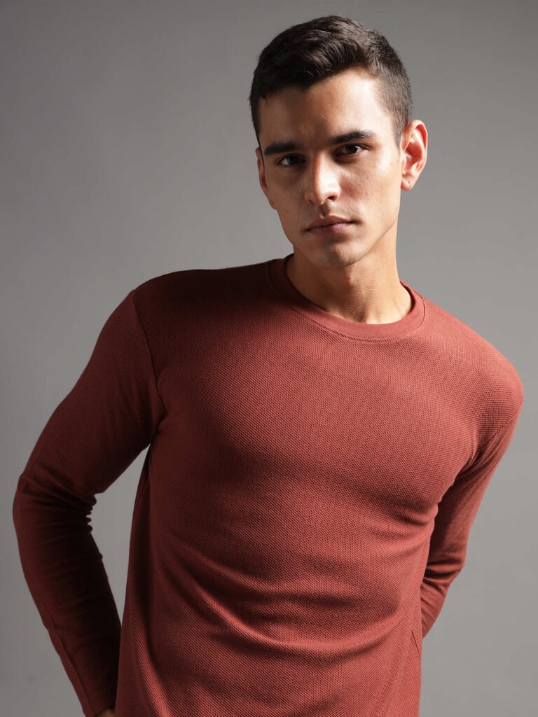 Honeycomb Waffle Textured Crew Neck Full Sleeve - Rust (Deep Maroon)