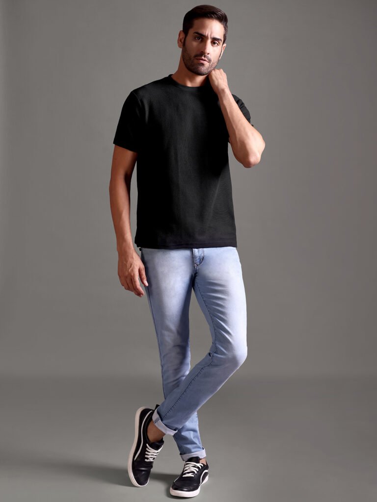 Honeycomb Waffle Textured Crew Neck - Black