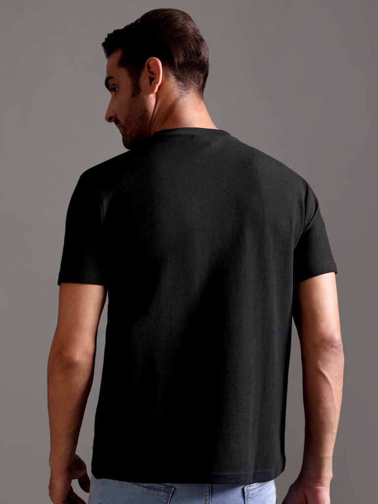 Honeycomb Waffle Textured Crew Neck - Black