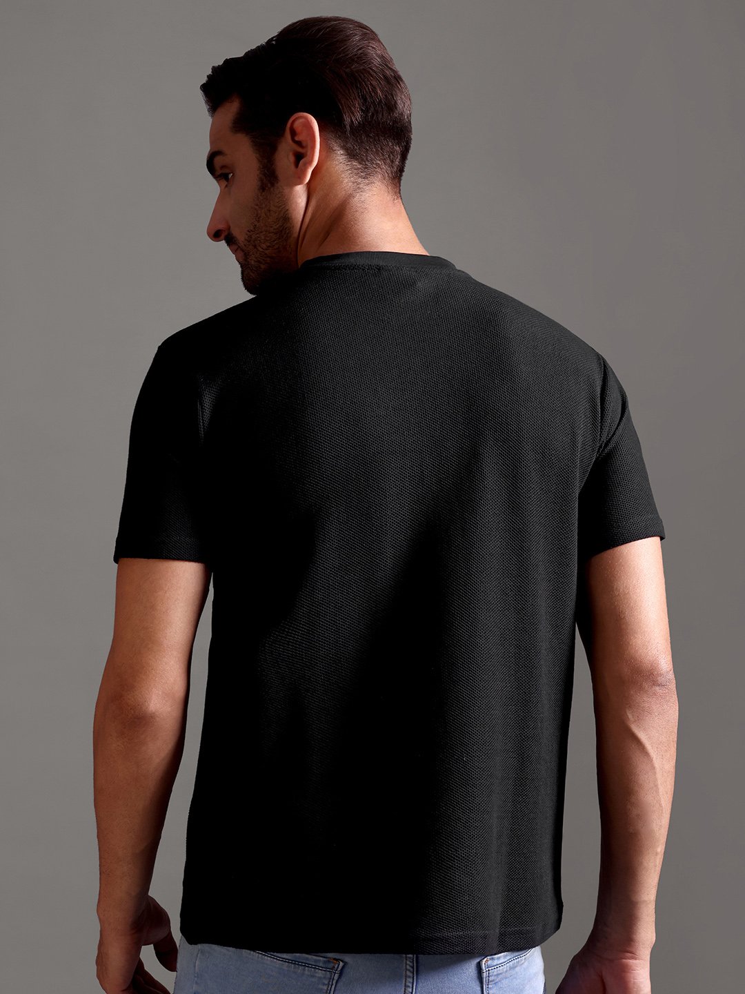 Honeycomb Waffle Textured Crew Neck - Black - Image 7