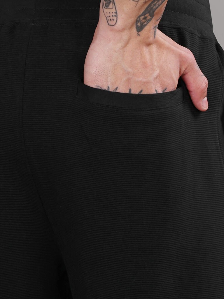 Ribbed Cotton Shorts with Zip Pocket - Black (350 GSM - Heavy)