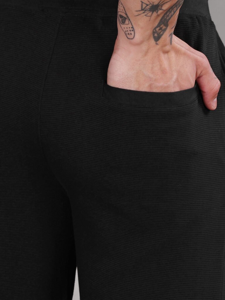 Ribbed Cotton Track Pant with Zip Pocket - Black (350 GSM - Heavy)