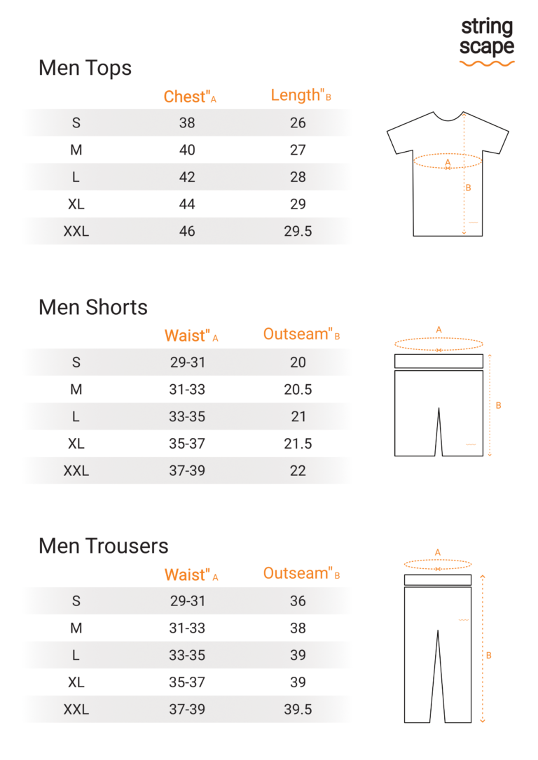 String Scape size chart for shorts and track pants, in inches